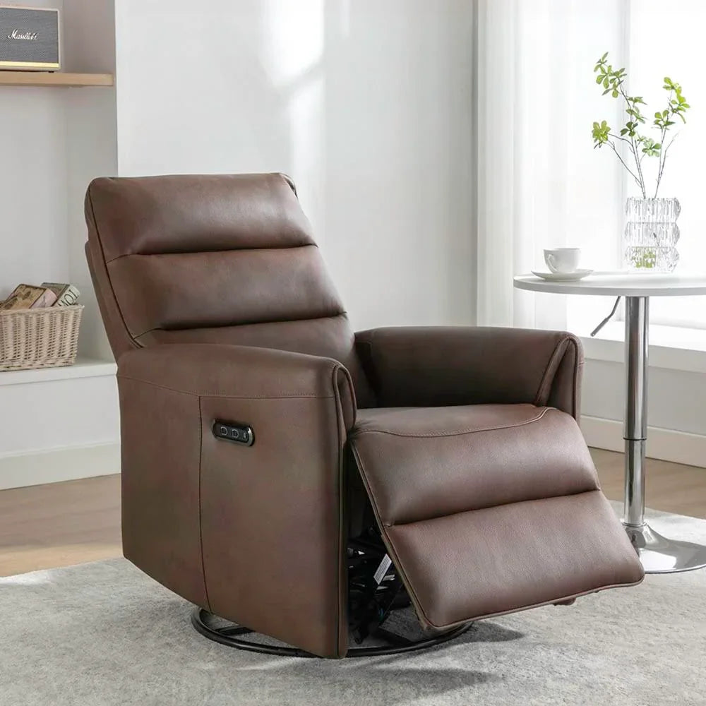 Chestnut swivel glide chair with reclining feature in modern living room setting