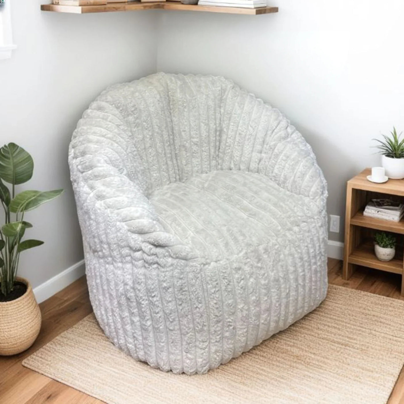 Beige cord bean bag chair with ribbed texture in modern living room corner