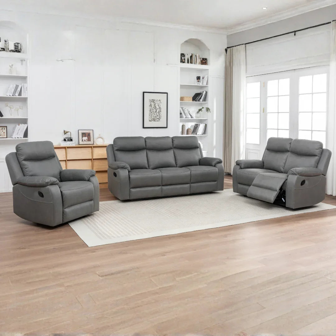 Charcoal recliner armchair, two-seater, and three-seater sofa in modern living room