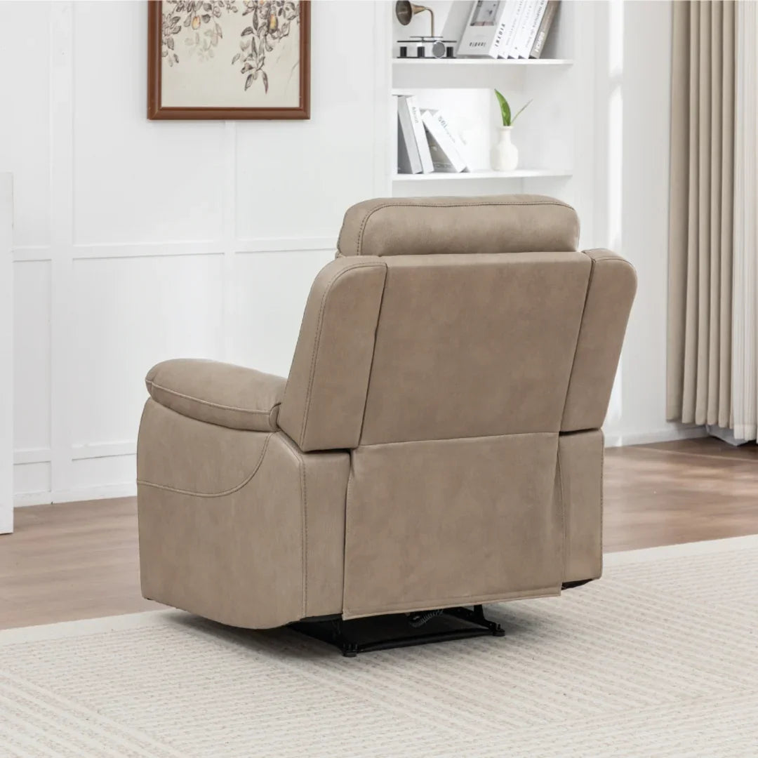 Stone fabric recliner chair rear view in living room setting on neutral rug
