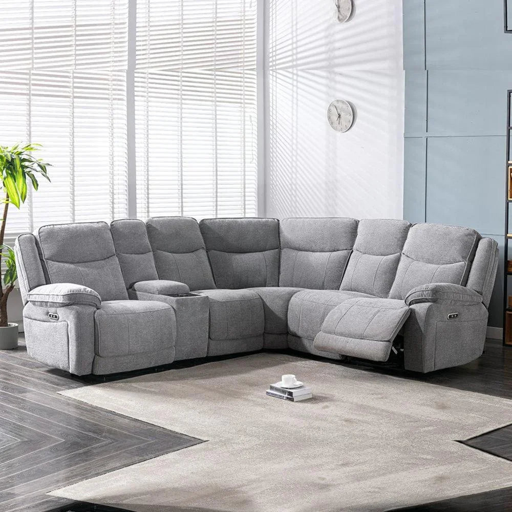 Grey fabric corner sofa with chaise and recliner in modern living room setting