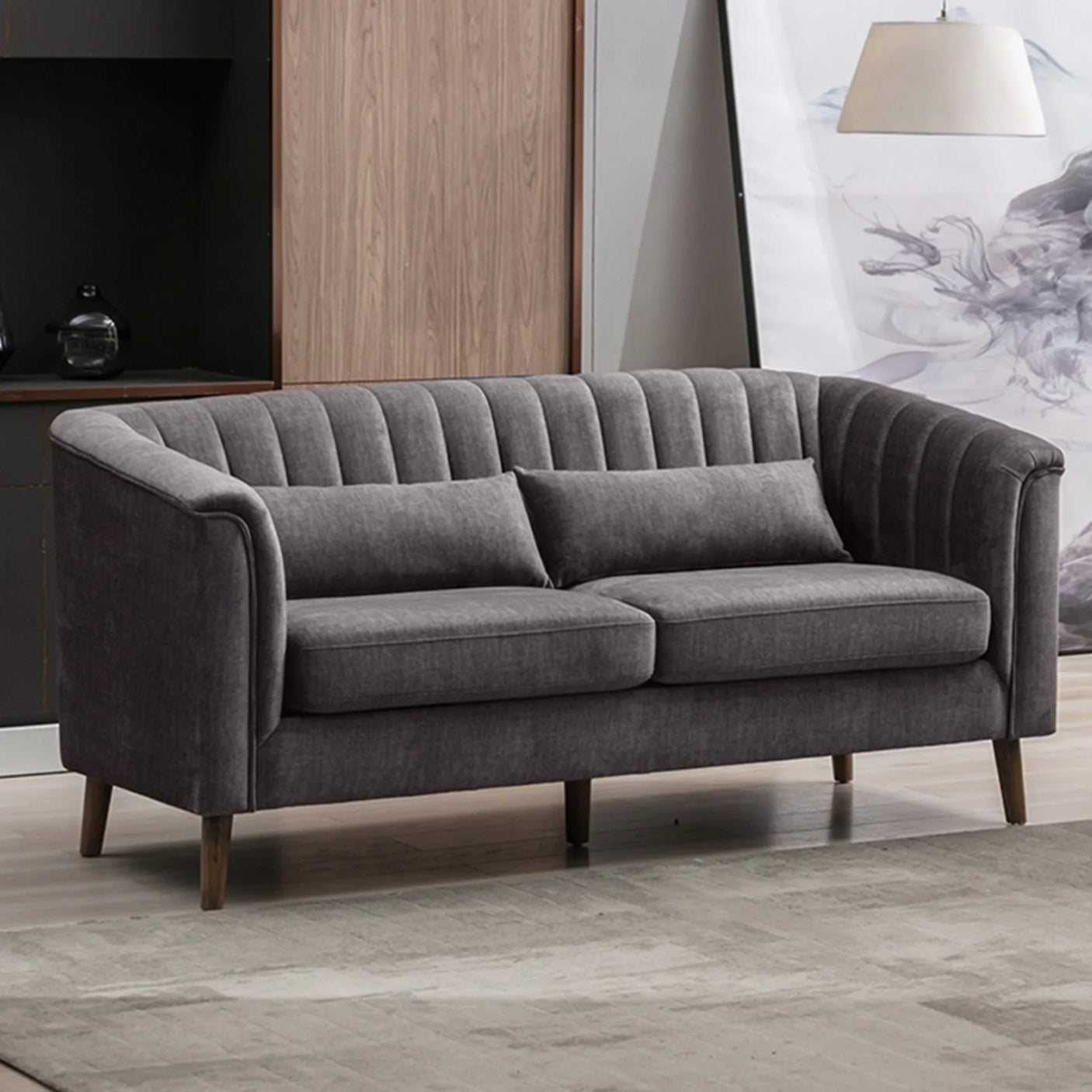 Graphite fabric sofa with channel tufted back and wooden legs in modern living room