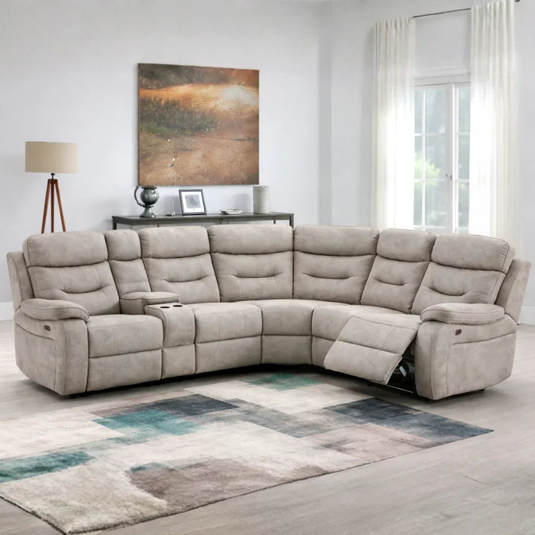 Cream corner reclining sofa with console and cup holders in modern living room setting