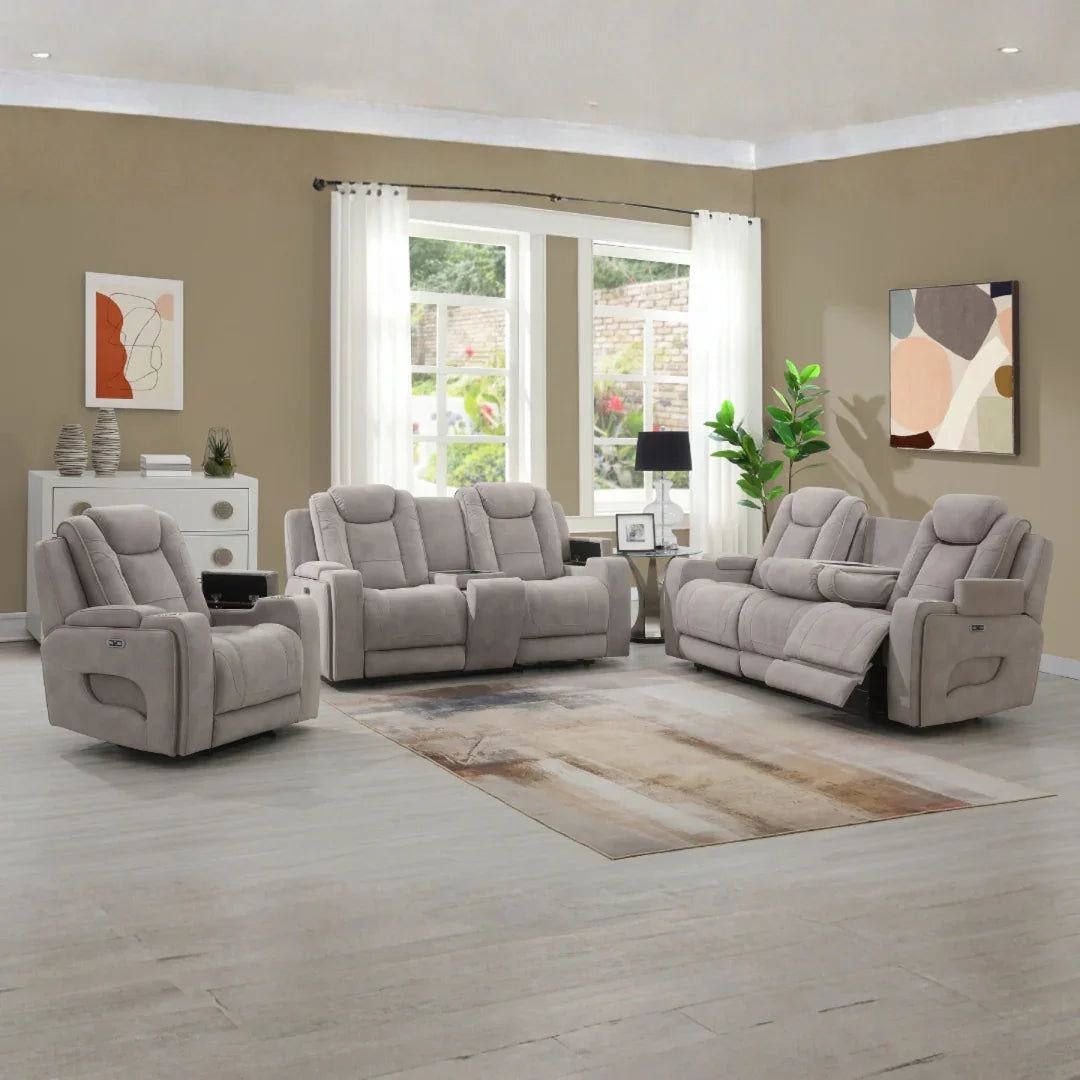 Oyster fabric recliner sofa set with armrests in modern living room with large windows