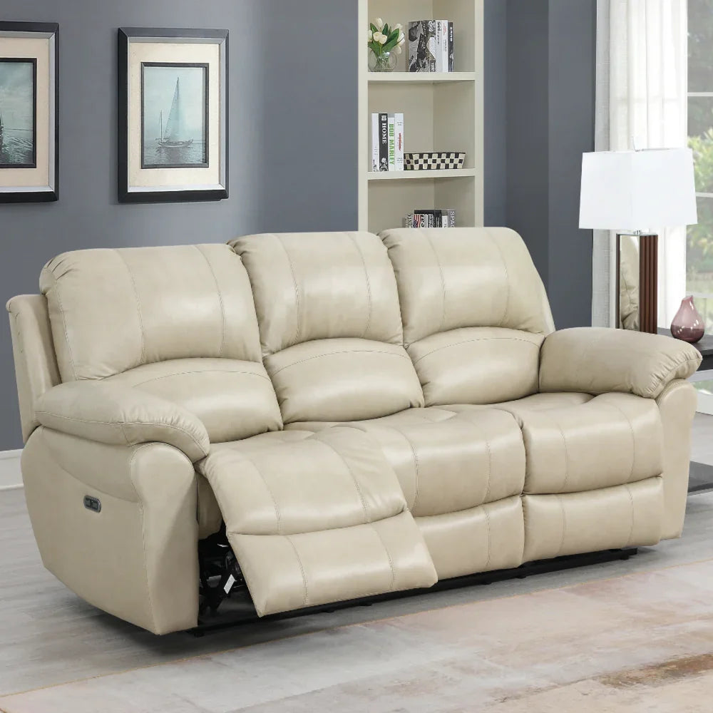 Three seater stone leather recliner sofa in living room with extended footrest