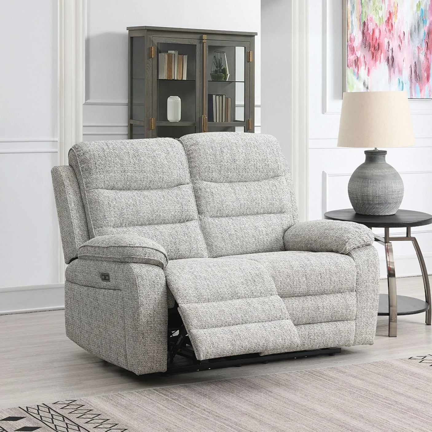 Stone fabric 2 seater loveseat with recliner in modern living room setting