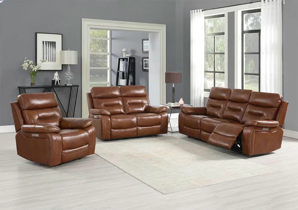 Brown leather sofa set with recliner chairs in modern living room with light flooring