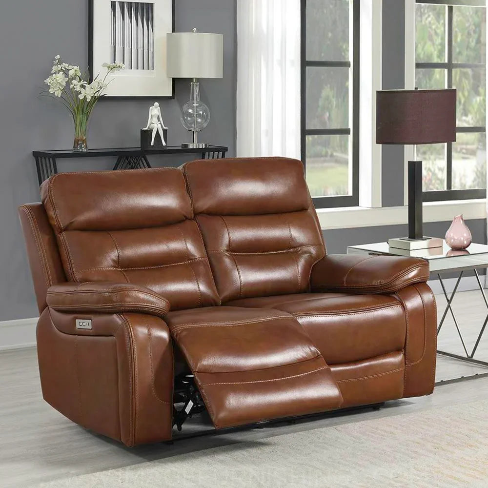 Brown leather reclining sofa with padded armrests in modern living room setting