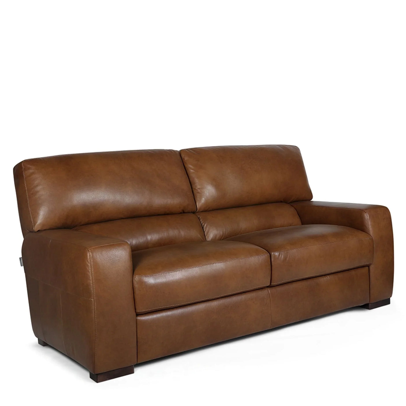 Tan Italian leather 2 seater sofa with straight arms and low wooden feet on white background