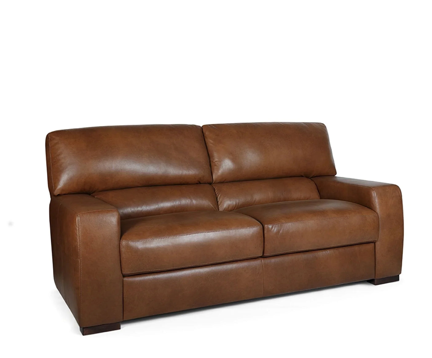 Tan Italian leather sofa with wide arms and two seat cushions on white background