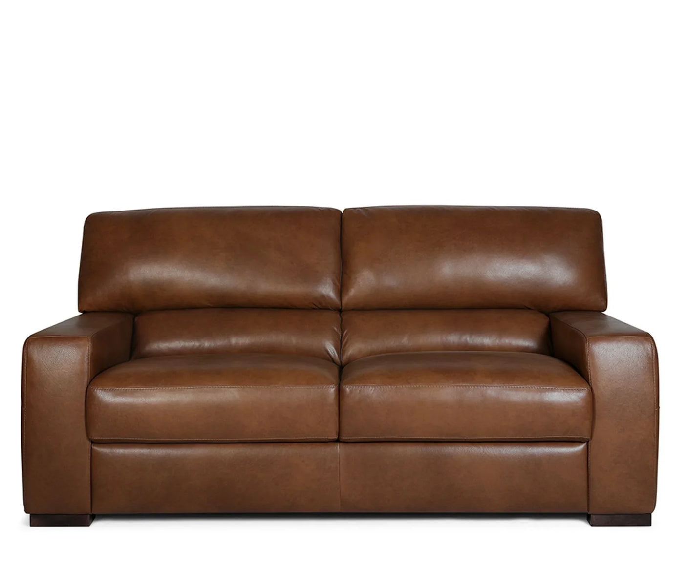 Tan Italian leather 2 seater sofa with padded cushions and wide arms, front view