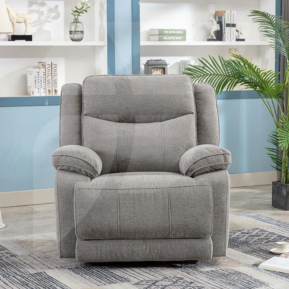 Grey fabric 1 seater armchair with padded arms in modern living room setting