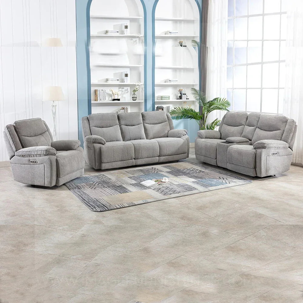 Grey fabric 2 seater sofa with padded arms and recliner in bright living room