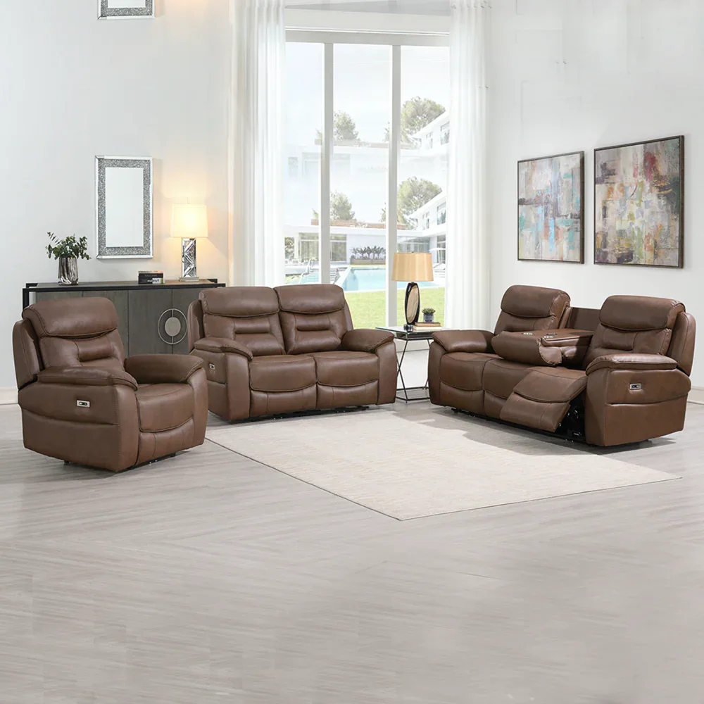 Chestnut leather recliner sofa set in modern living room with large windows and light decor