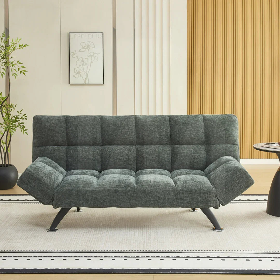 Boston sofa bed in winter moss fabric with adjustable armrests on cream rug
