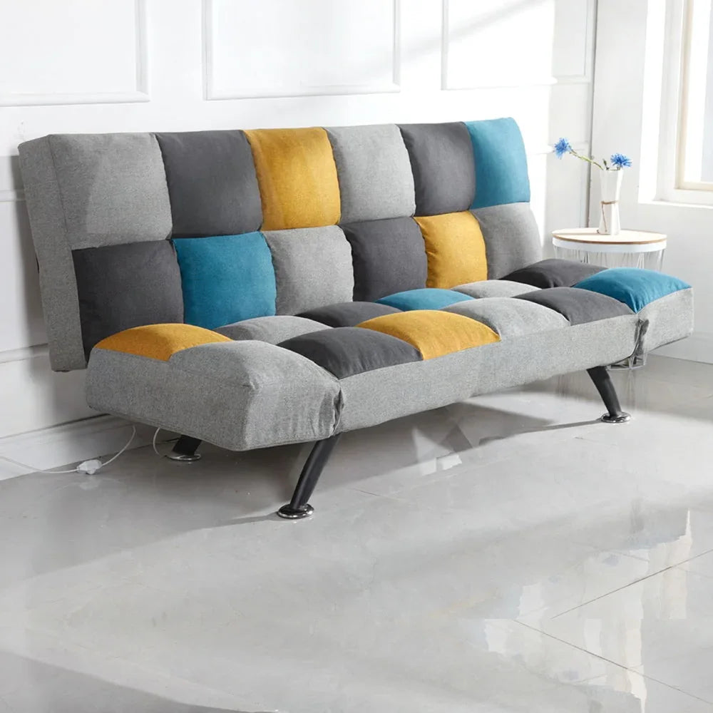 Yellow blue patchwork sofa bed with black legs in modern living room