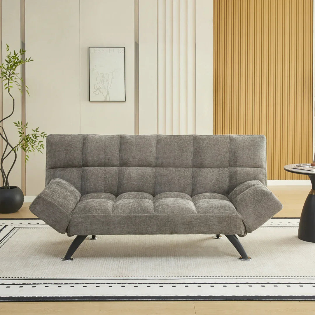 Boston sofa bed in stone fabric with angled armrests on a modern rug