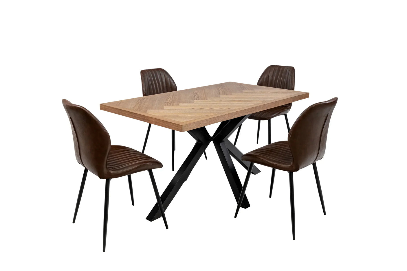Rectangular wooden dining table with black metal legs and four brown leather chairs