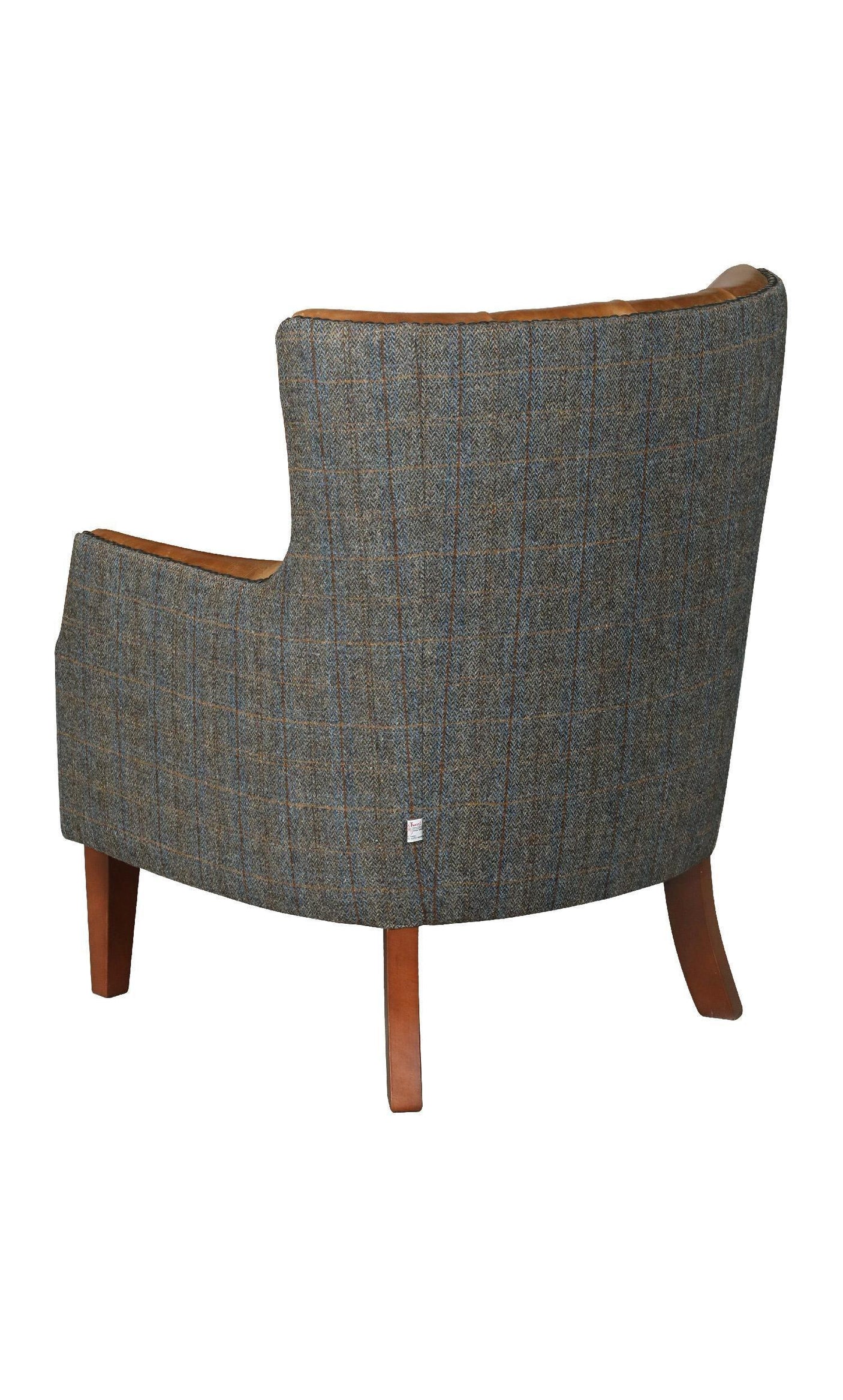 Grey plaid upholstered armchair with wooden legs, rear view