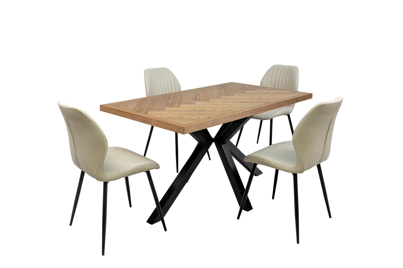 Dining table set with light wood top, black metal legs and four cream upholstered chairs