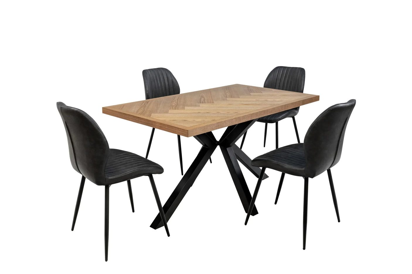Wood dining table with black metal legs and four black upholstered chairs