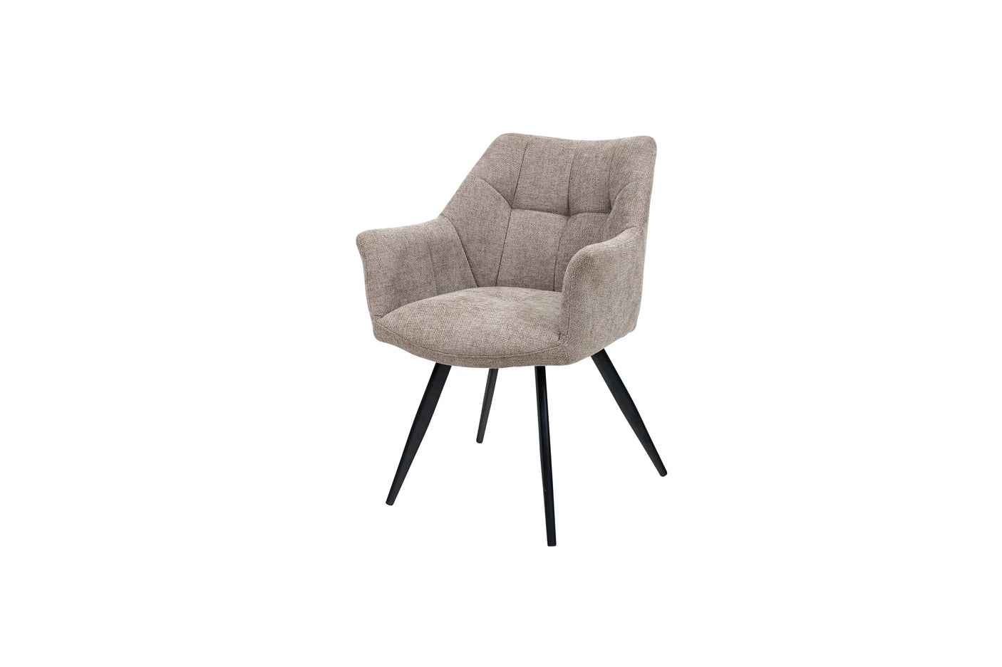 Modern fabric armchair with black metal legs and textured beige upholstery