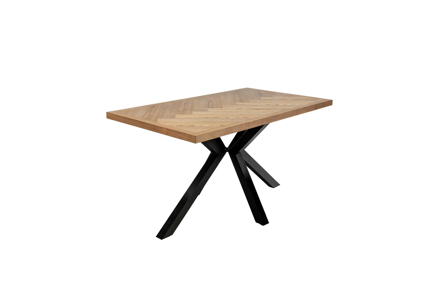 Rectangular dining table with wood chevron top and black metal crossed legs