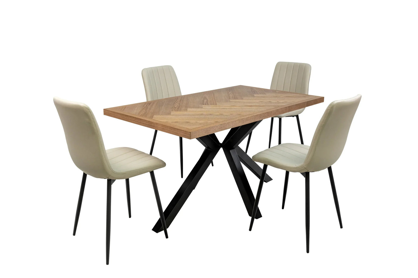 Rectangular wood dining table with metal legs and four cream upholstered chairs