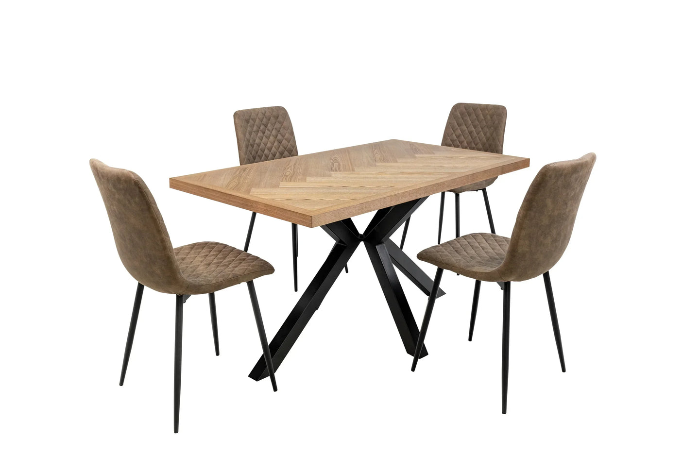 Wood dining table with metal legs and four brown upholstered dining chairs