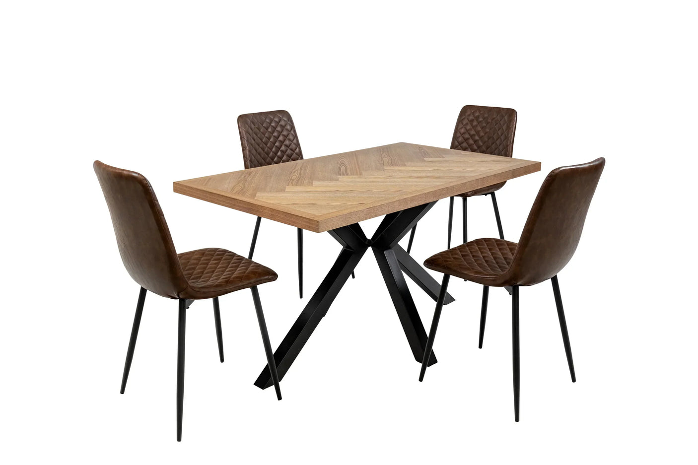 Dining table set with wood top and four brown quilted chairs, black metal legs