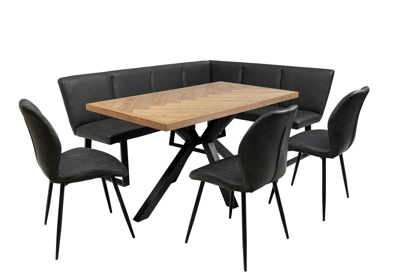 Dining table set with wood top, black corner bench and four black upholstered chairs