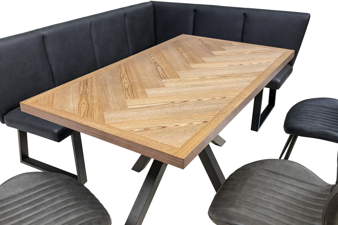 Wood dining table with herringbone top, black faux leather corner bench and chairs
