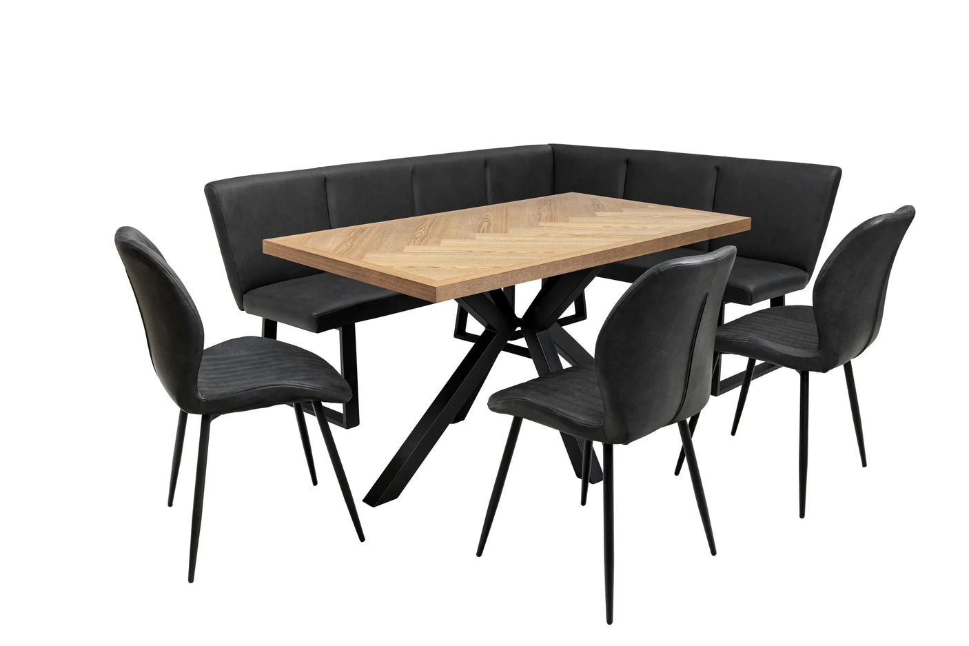 Corner dining set with black faux leather seats and wood table on metal legs