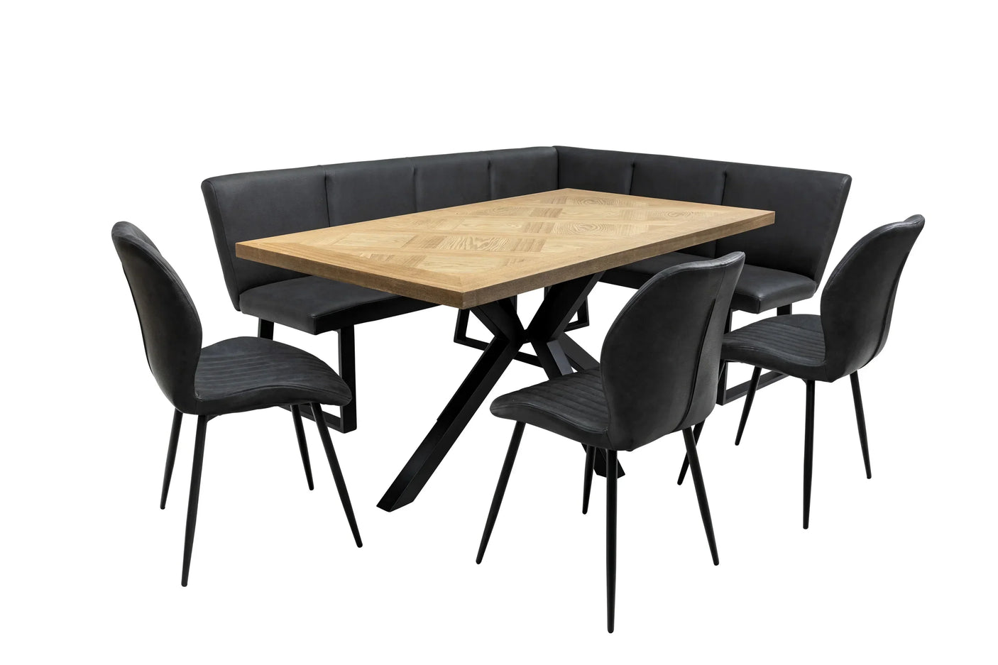 Oak dining table set with black faux leather corner bench and three dining chairs
