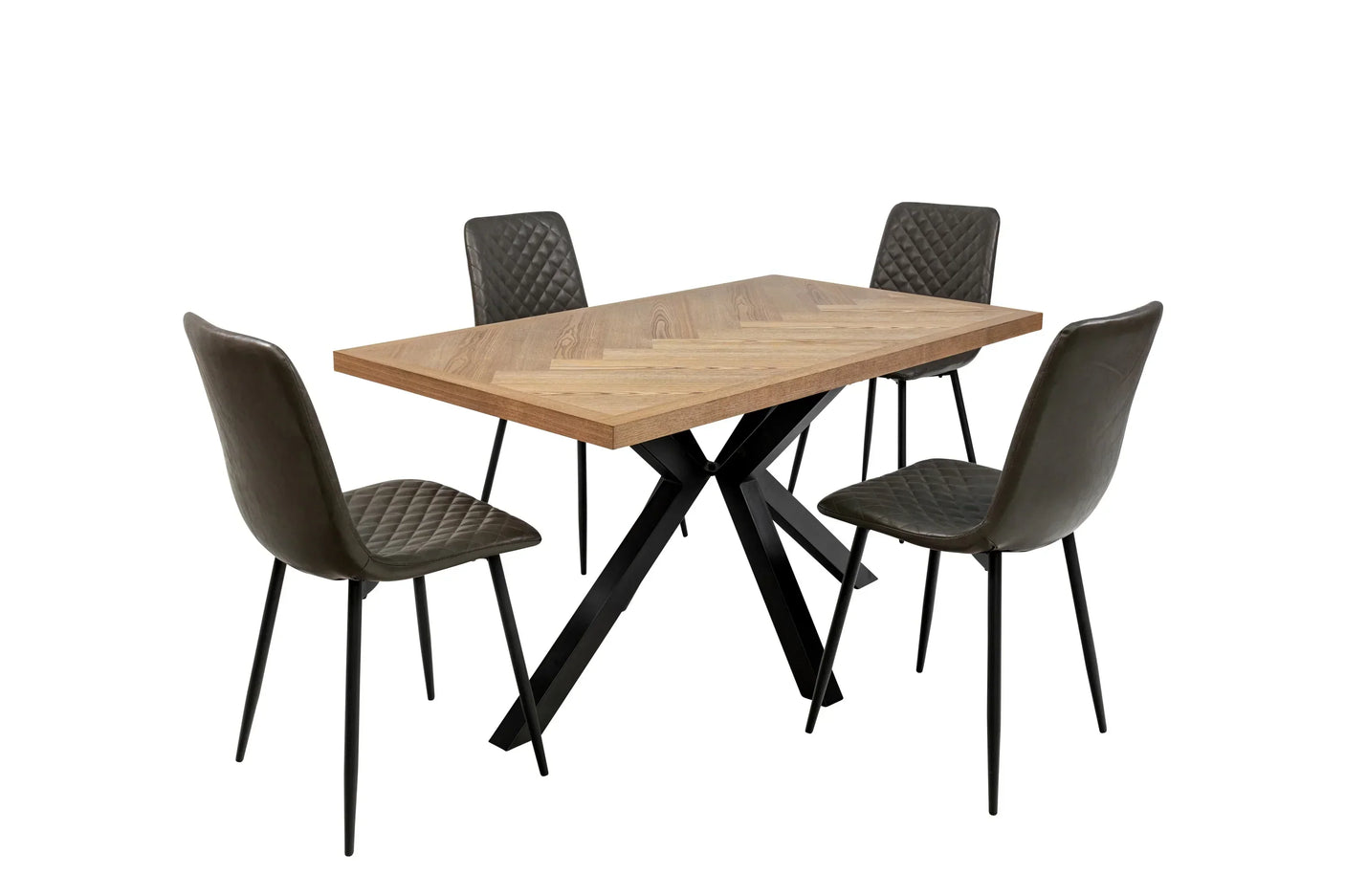 Modern dining table with wood top and metal legs, four quilted dark grey chairs