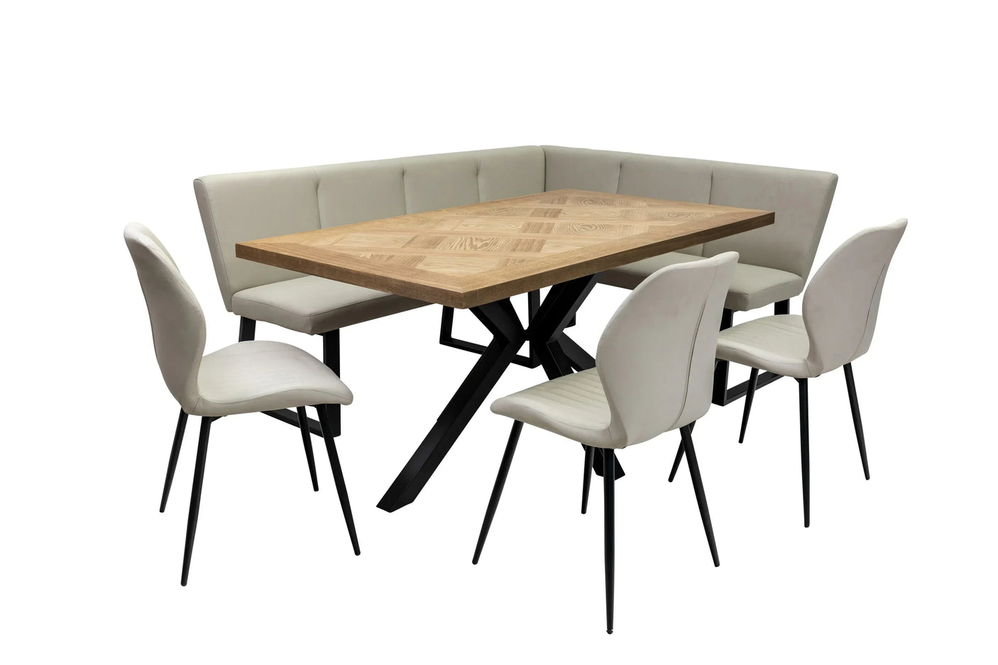 Dining furniture set with light wood table, cream corner bench and four upholstered chairs