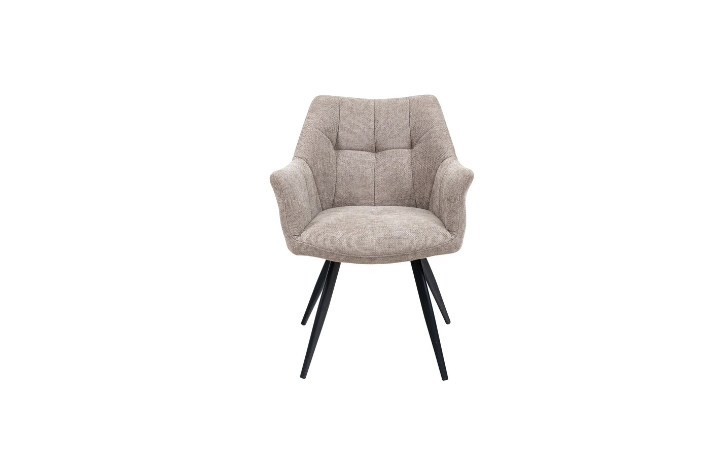 Modern beige upholstered accent chair with metal legs, front view