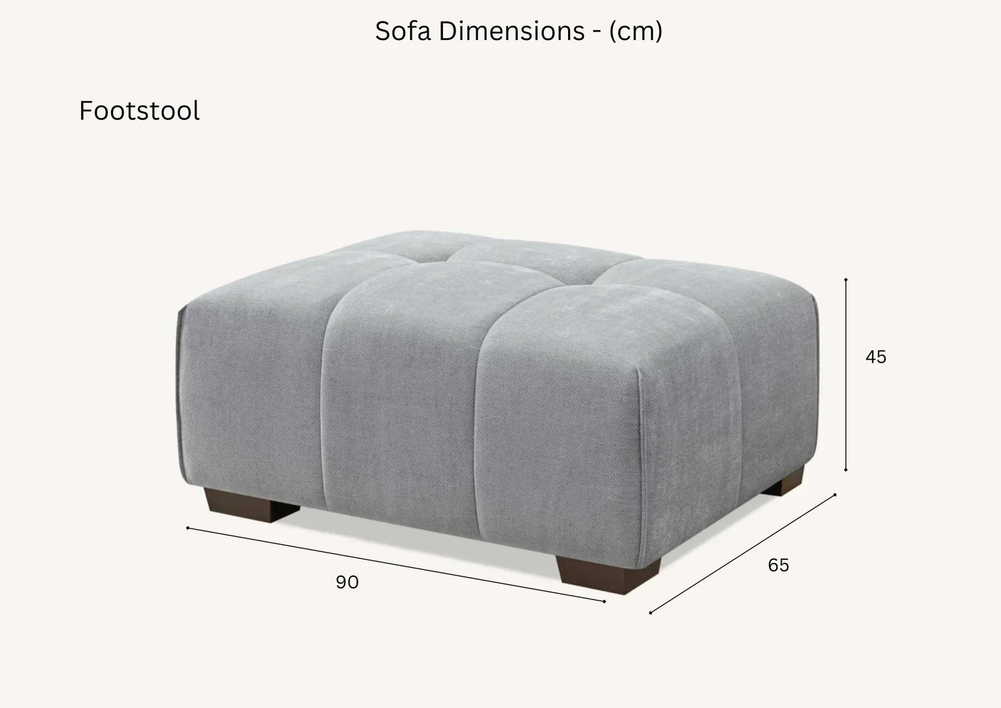 Grey fabric footstool with dark wooden legs, dimensions 90x65x45 cm, tufted design