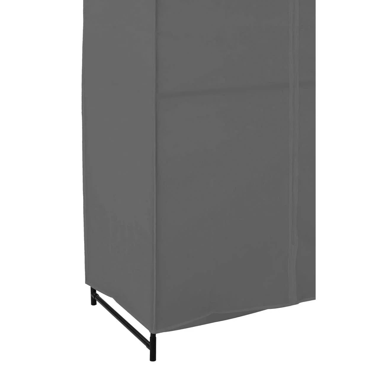 Grey fabric wardrobe cover with black metal frame, shown from side corner angle