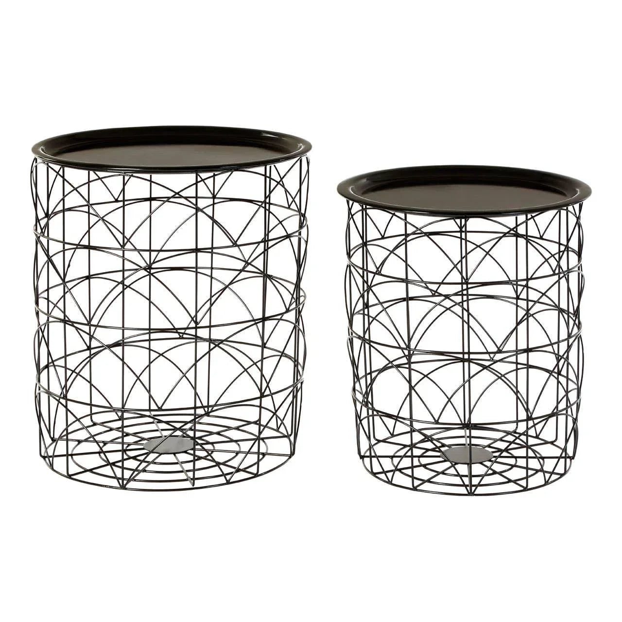 Set of two black metal wire side tables with removable tray tops