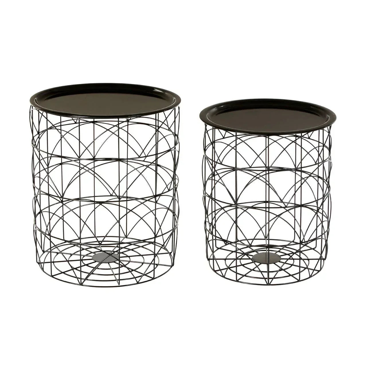 Set of two black wire metal side tables with solid round tops