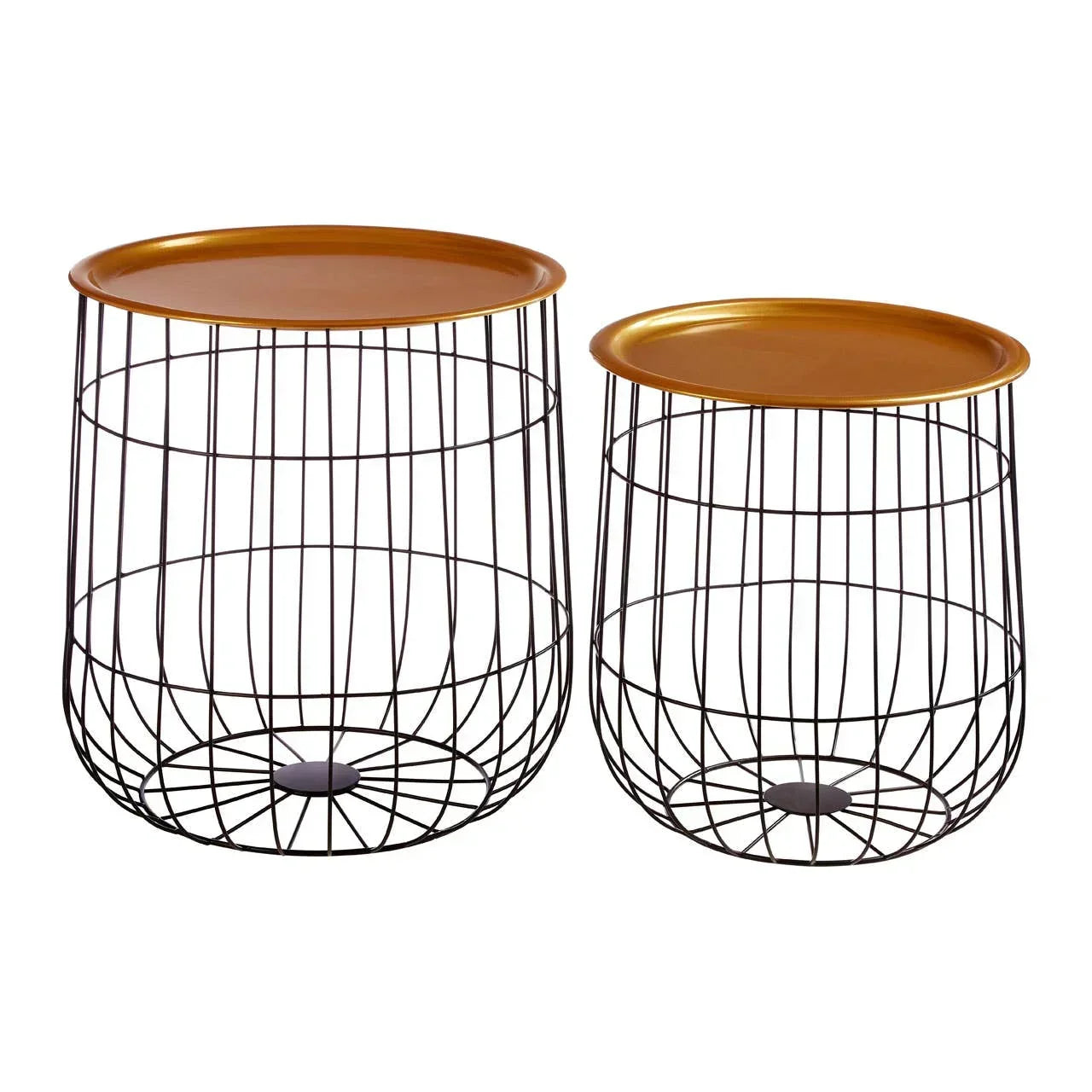 Set of two round wire side tables with gold metal tops