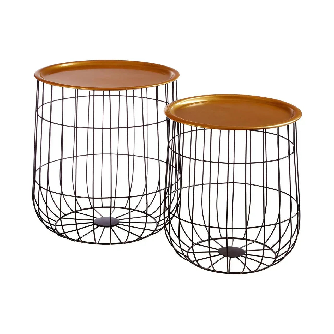 Set of two wire frame side tables with round gold metal tops on white background