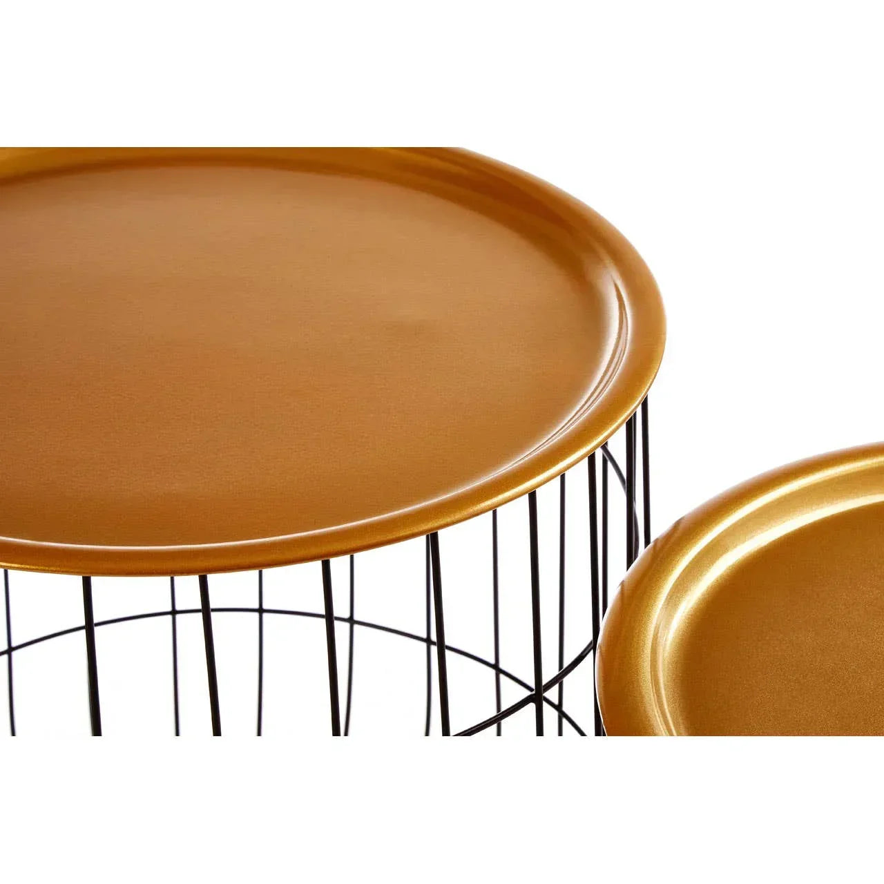 Round gold metal side table set with black wire frame base, close-up of tabletops