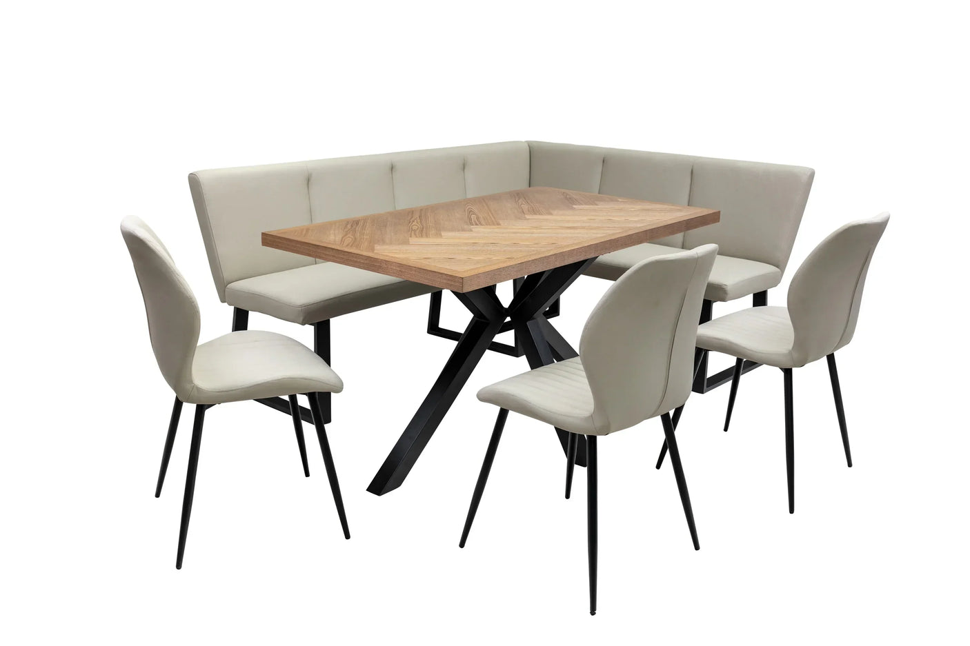 Wood dining table set with corner bench and four cream upholstered chairs on black legs