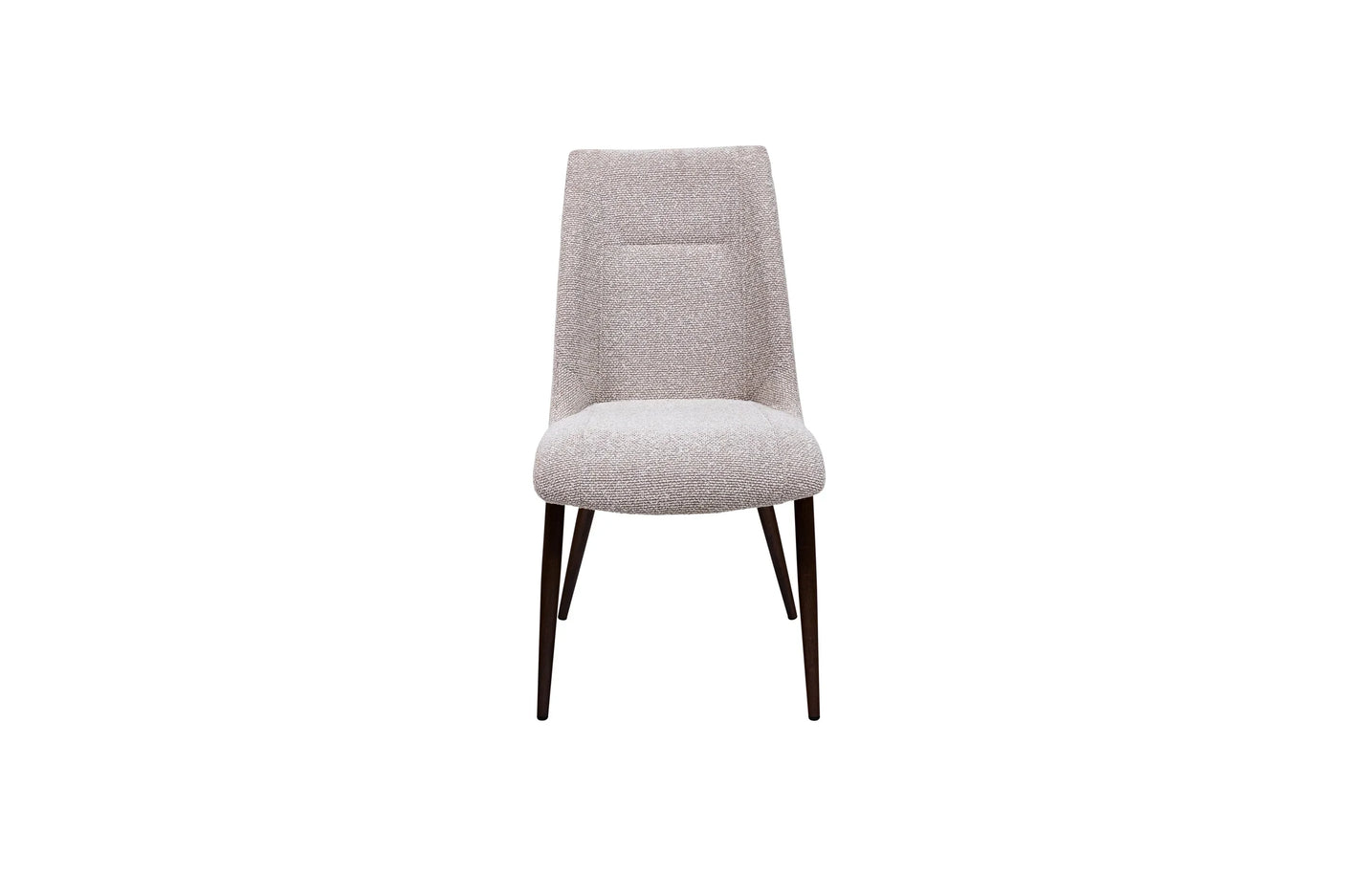 Beige upholstered dining chair with dark wooden legs, front view