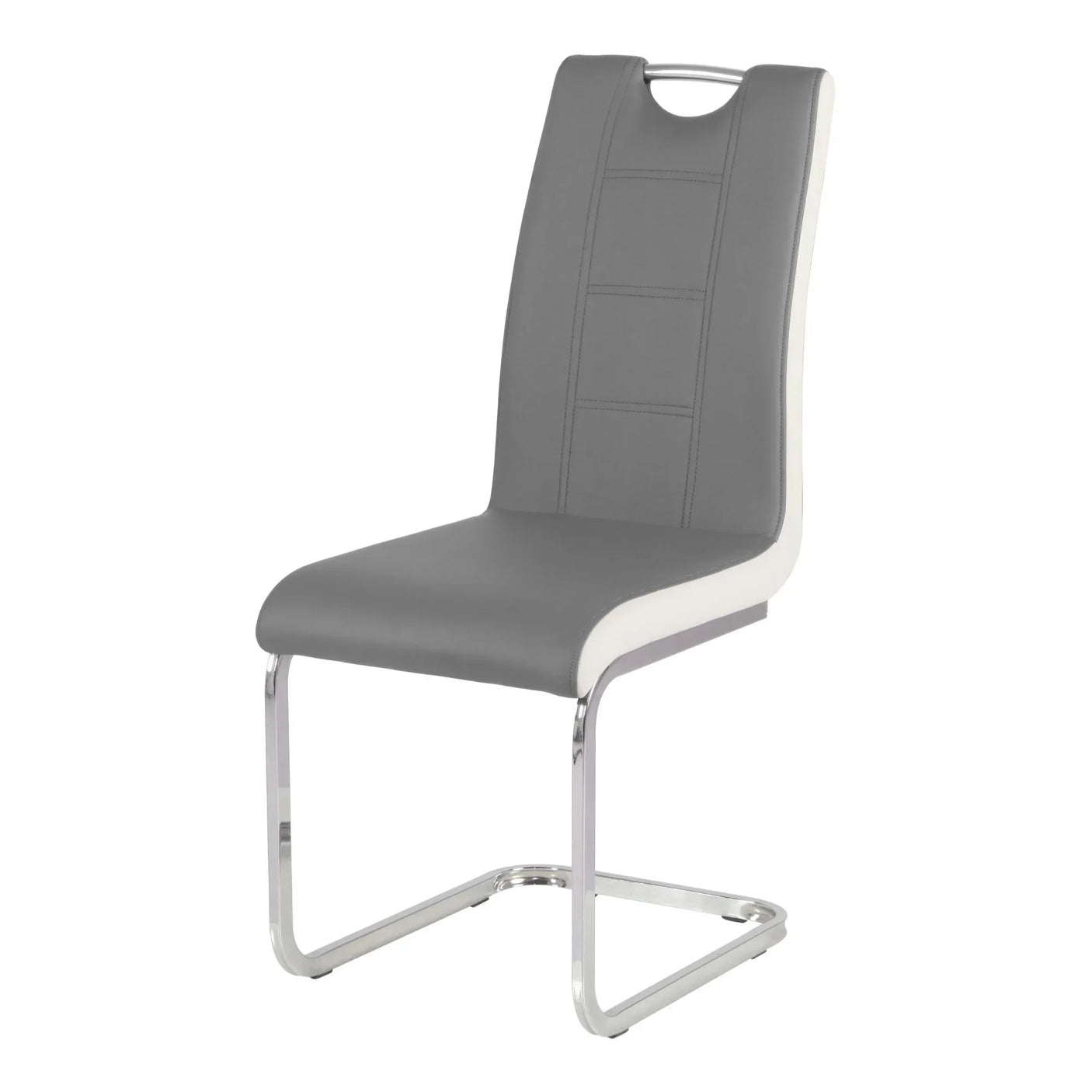 Grey faux leather dining chair with chrome cantilever legs and white side panel