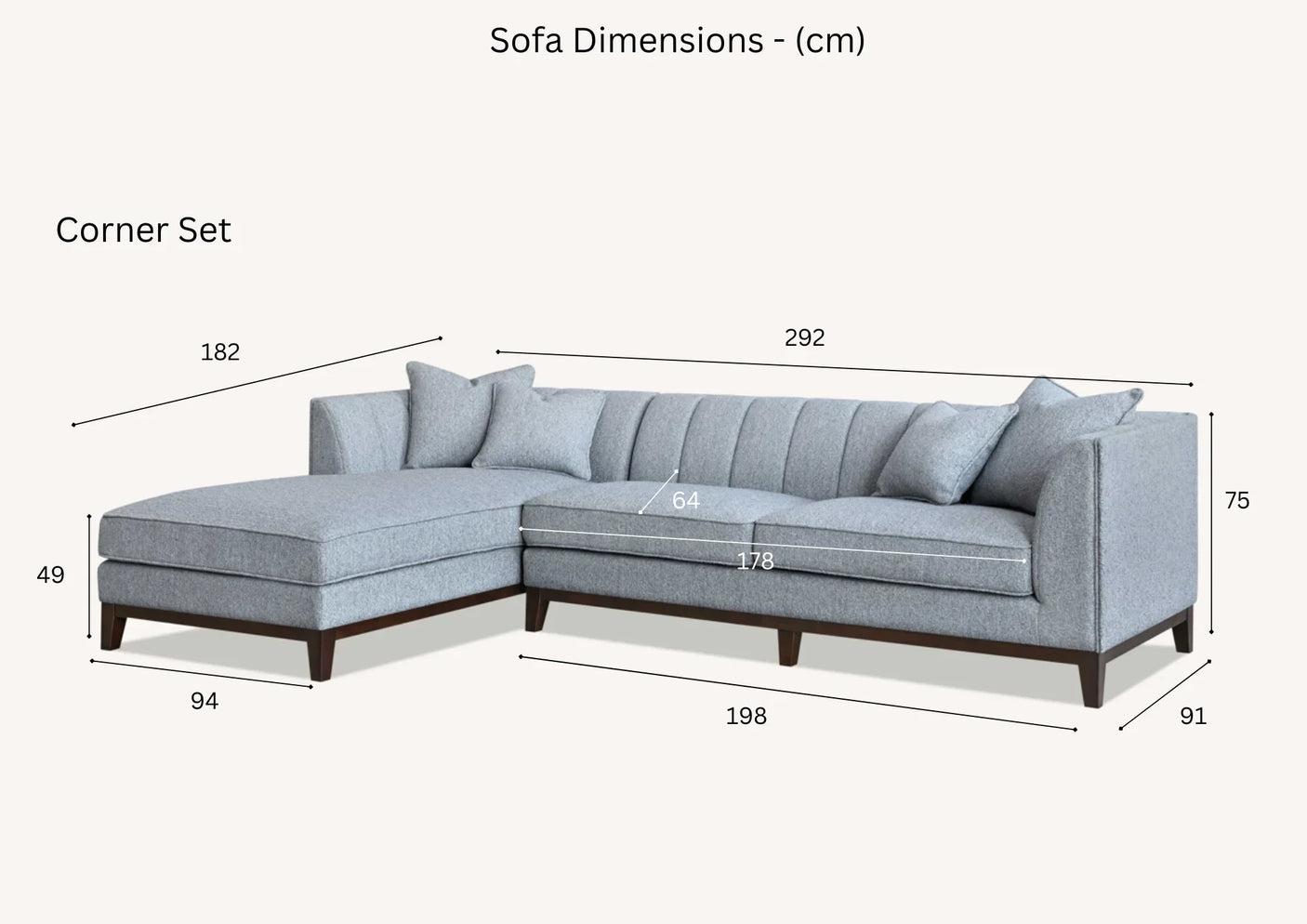 Grey fabric corner sofa set with wooden legs and detailed dimensions shown