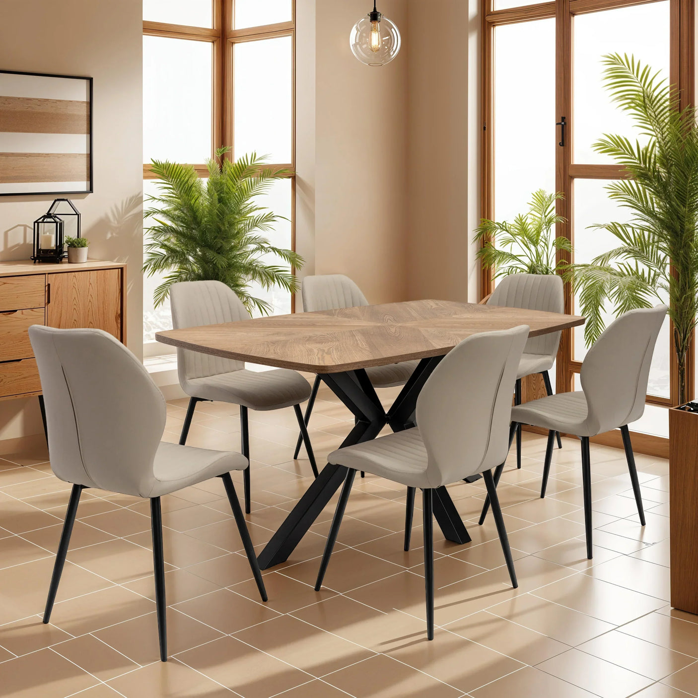 Wood dining table with black metal legs and six grey upholstered chairs in a bright dining room