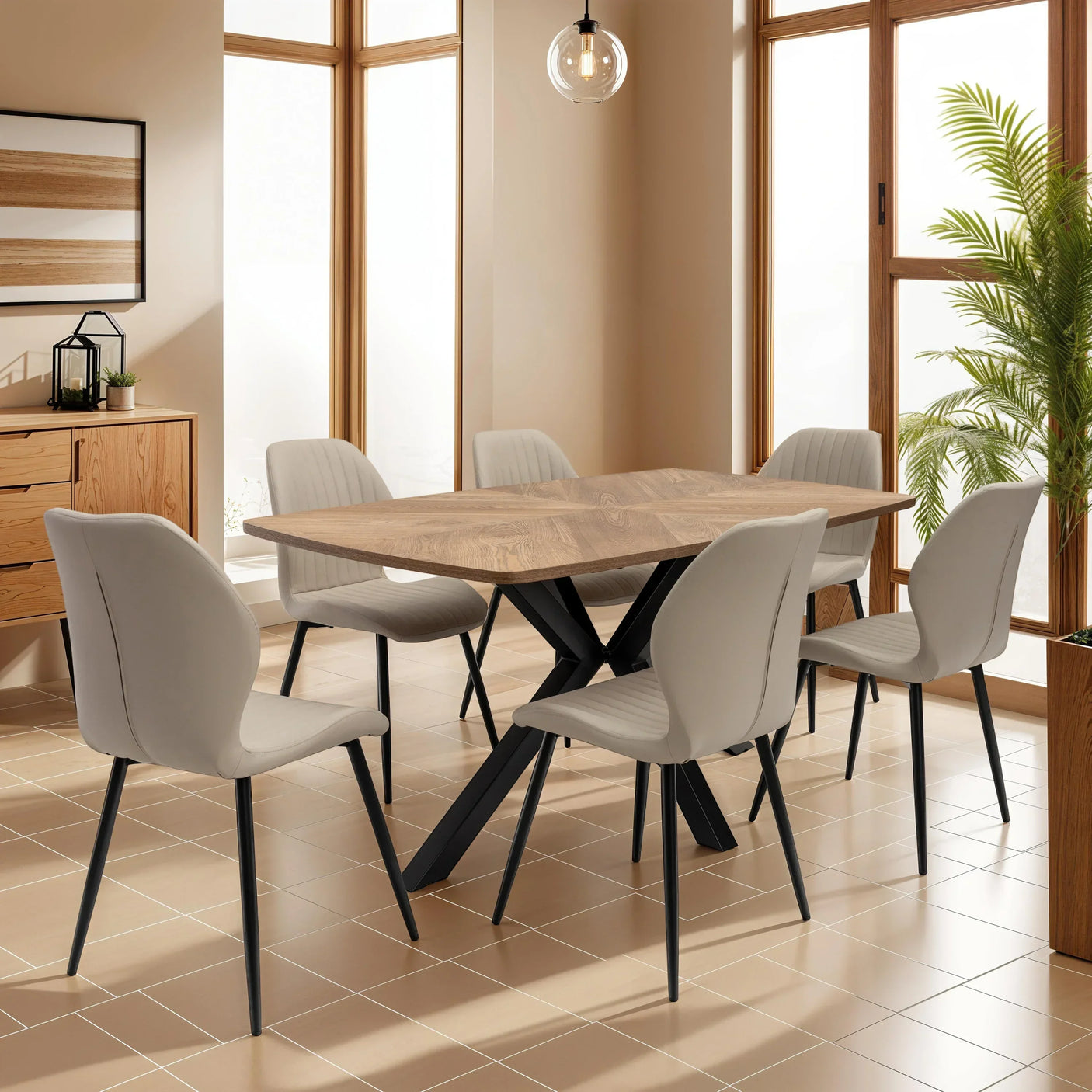 Wood dining table with black metal legs and six grey chairs in a modern dining room